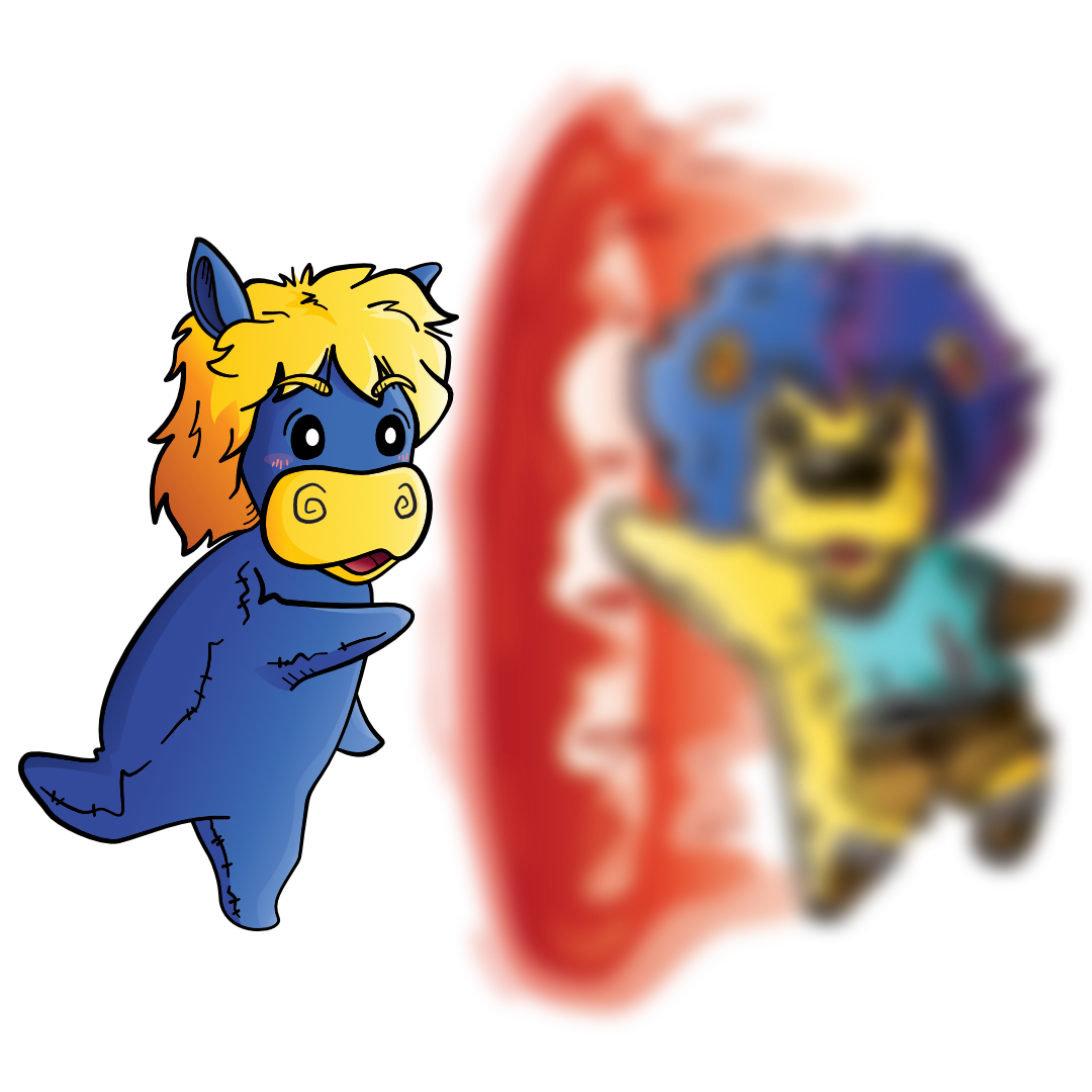 Unser Maskottchen Sasta streckt die Hand nach unserem Maskottchen D aus, das durch ein Portal gezogen wird. Das Portal und D sind dabei nur verschwommen erkennbar.